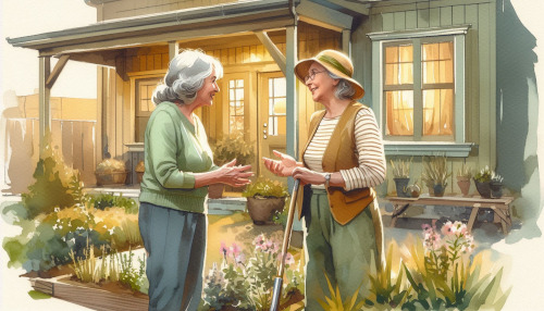 Watercolor illustration of two elders doing yard work.