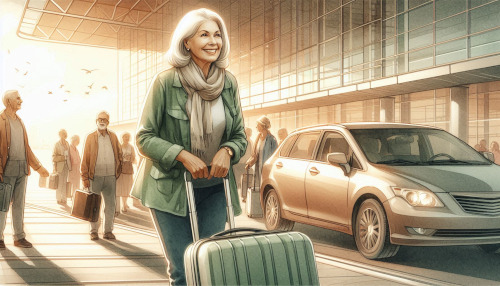 Watercolor illustration of a woman arriving at the airport.