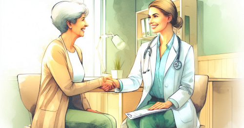 Watercolor illustration of an older woman meeting with her doctor.