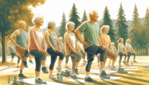 Watercolor illustration of a group of elders exercising.